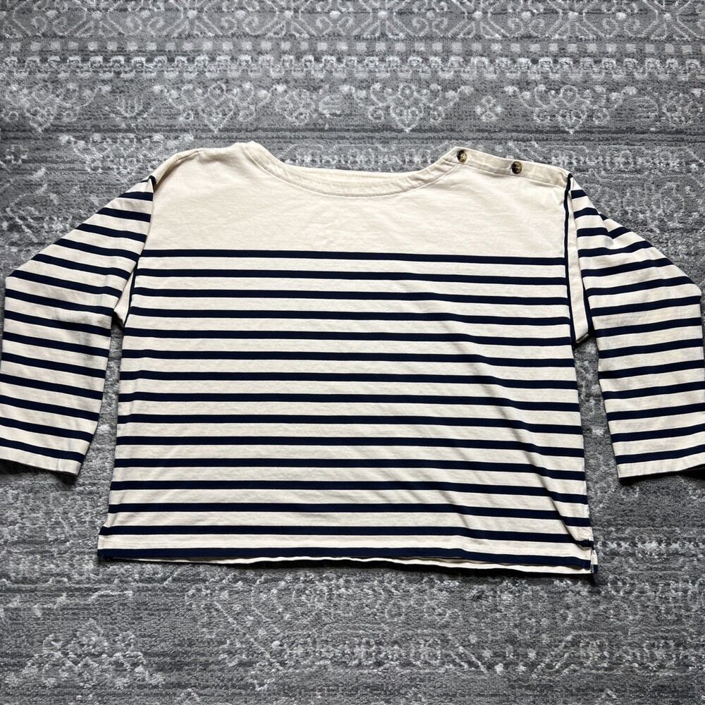J CREW Womens Knit TOP Size 3X 3/4 Sleeve Navy Beige Stripe Nautical Buttons
